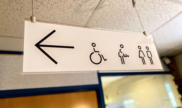 white suspended sign