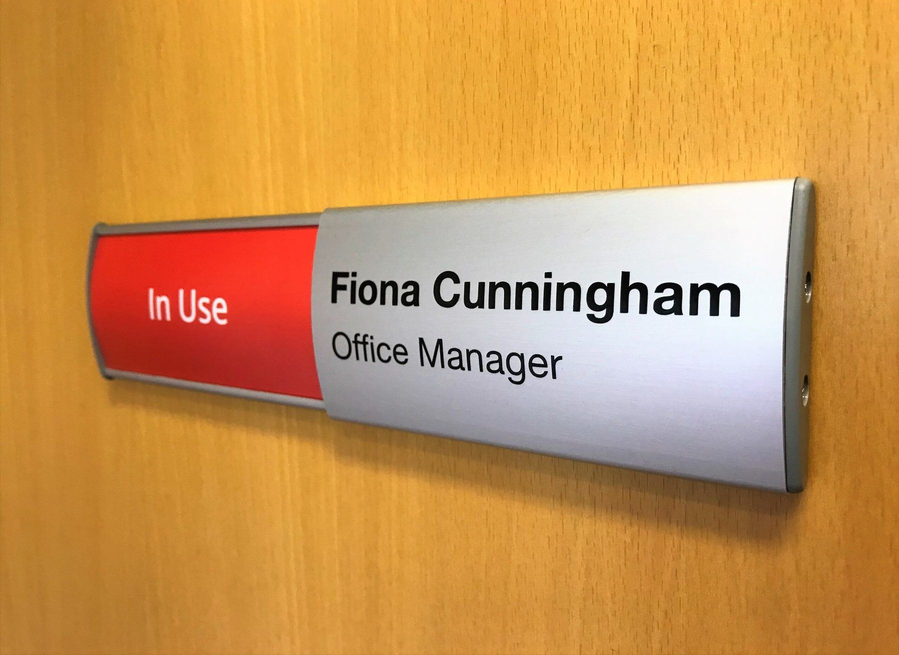 Curved Aluminium In Use/Vacant Slider Sign with Name printed