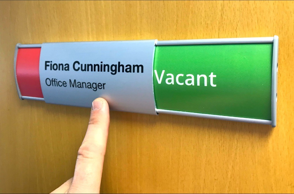 Curved Aluminium In Use/Vacant Slider Sign with Name printed