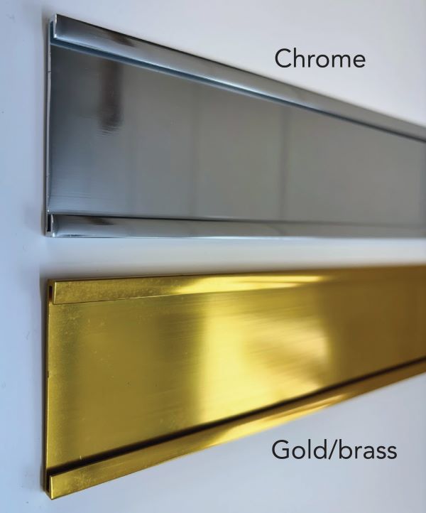 chrome and gold nameplate holders
