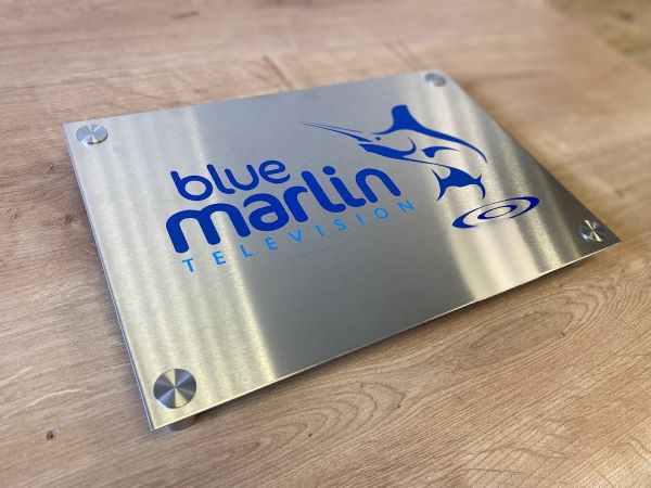 Blue_Marlin_TV_stainless_steel_sign_with_steel_stand_off_lockable_fixings